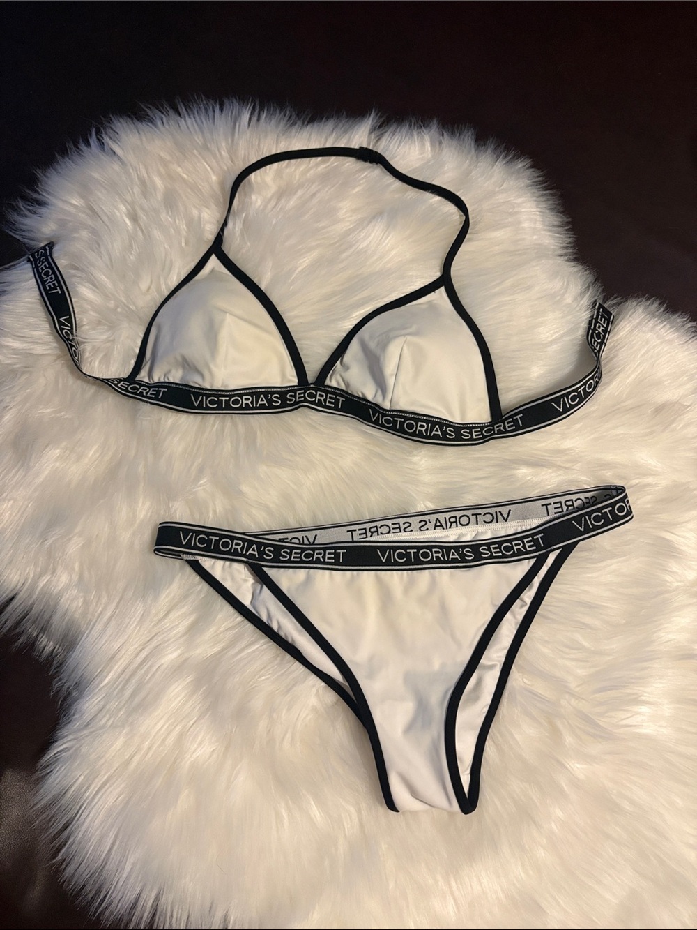 Victoria's Secret White Bikini Set with Black Logo Trim L/M
